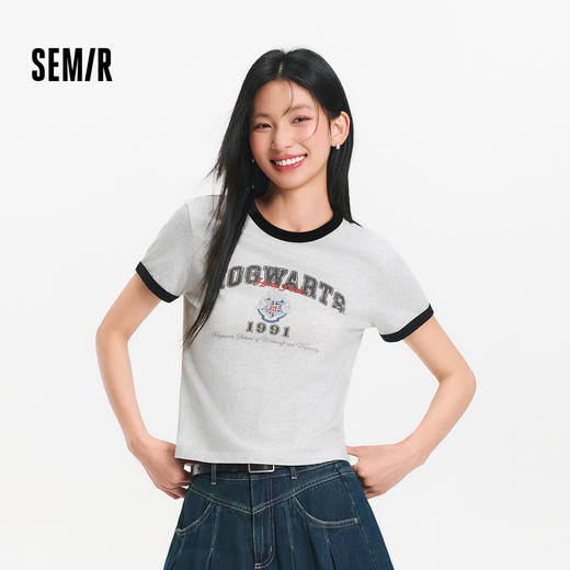 森马哈利波特联名短袖T恤女夏季短款撞色修身正肩印花学院风上衣 商品图1
