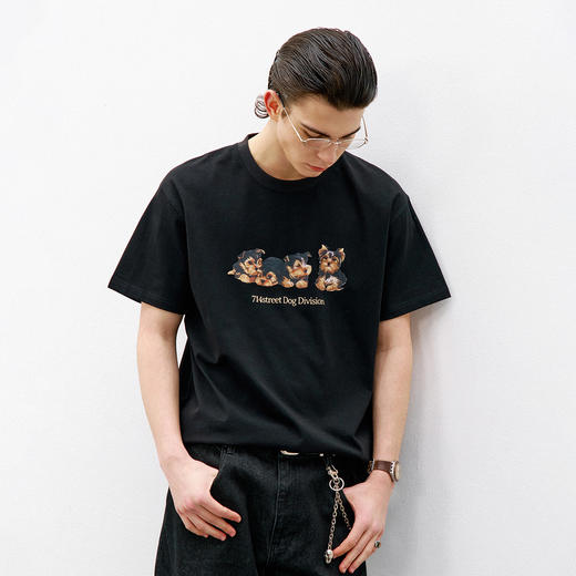 714street美式复古小狗印花短袖2026春夏宽松纯棉情侣T恤男女同款 商品图1