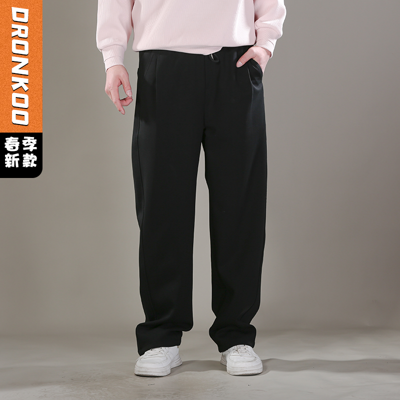 DRONKOO 2026 抽绳松紧腰前右金属扣侧缝前移中厚卫裤长裤
