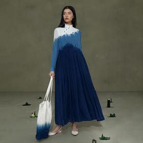 【林栖设计小店】植物染色|手工植物蓝吊染密褶国风2026春新款苎麻连衣裙1961072