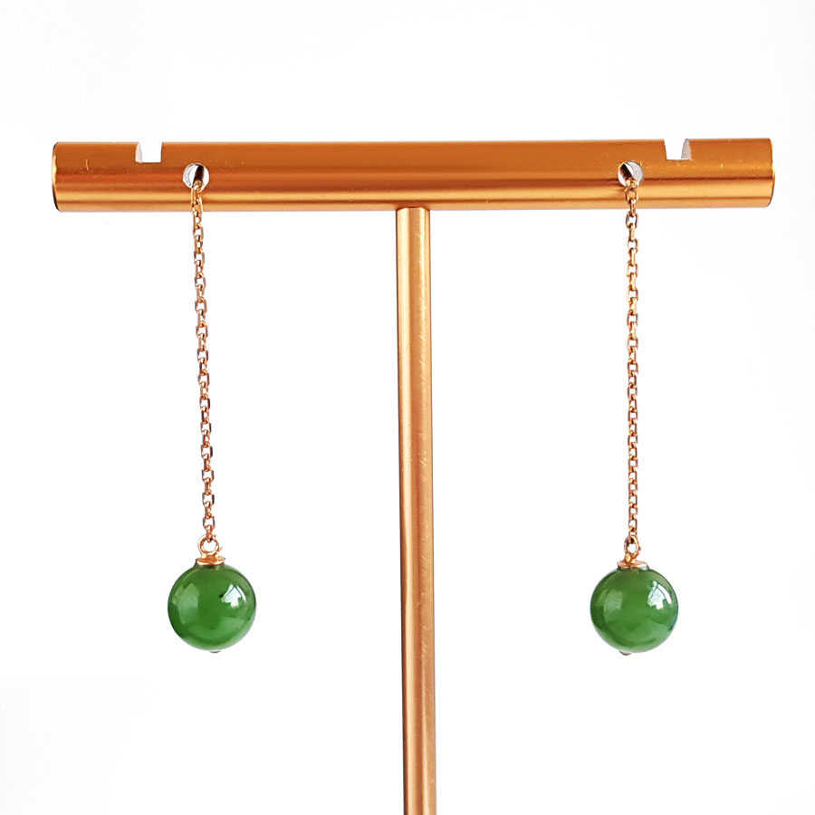 【天然正品】AU750玫瑰金镶钻镶天然菠菜绿和田玉碧玉圆珠耳坠7.5*7.5*50.0MM（皆取最大值）170126NJS77