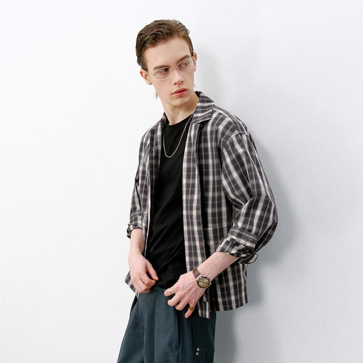 714street复古渐变格子长袖衬衫男2026春季短宽boxy版型纯棉衬衣 商品图1