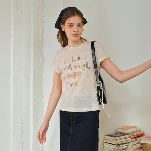 714street轻薄150g花纱彩棉短袖上衣2026春夏新款文字印花T恤女款 商品图0