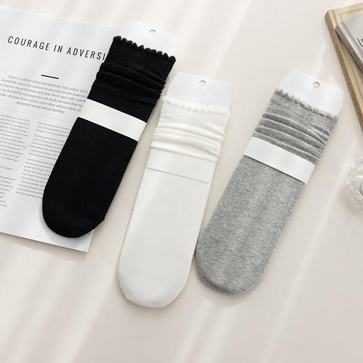 【59元3双】女士时尚抽条暗纹泡泡口堆堆袜春夏时尚袜子白女袜【2612517】 商品图3