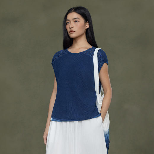 【林栖设计小店】植物染色|手工钩花植物蓝丝棉2026春新款镂空毛织上衣1961214 商品图0