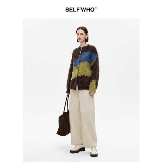 SELFWHO马海毛混纺撞色针织开衫外套女2025冬季新款宽松慵懒毛衣 商品图1