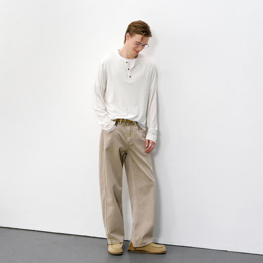 714street莱赛尔天丝长袖上衣2026春季美丽诺羊毛老钱亨利领T恤男 商品图3