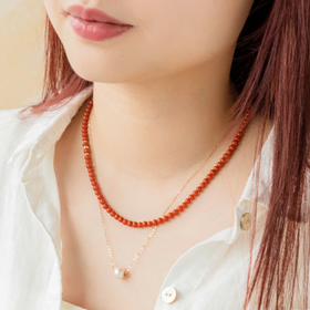 菜菜家点点金南红小米珠项链|云南保山老南红，锦红帝王色，搭配18k金珠