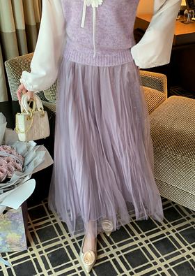 张心子【南屏晚风】飘逸超仙网纱百褶半身裙女中长款春新款仙女裙 U2602054