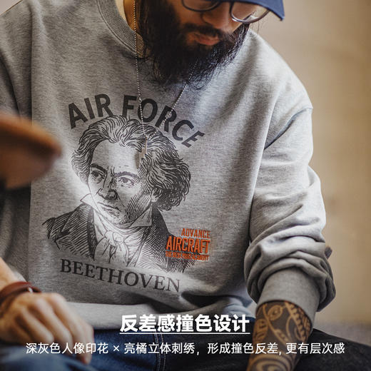 马登工装美式灰色卷边全纯棉卫衣宽松套头印花刺绣长袖T恤男款春 商品图2