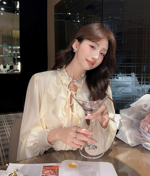 张心子【琉光漫歌】法式小资系带荷叶边雪纺衫女春新款洋气衬衫 U2602077 商品图1