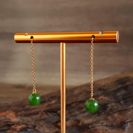 【天然正品】AU750玫瑰金镶钻镶天然菠菜绿和田玉碧玉圆珠耳坠7.5*7.5*50.0MM（皆取最大值）170126NJS77 商品图2