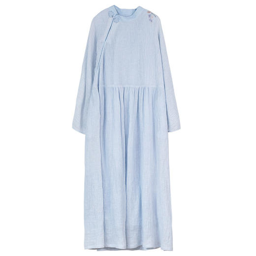 牧衣游原创 进口亚麻手工刺绣连衣裙新款轻薄古朴中式长裙 述白 商品图4