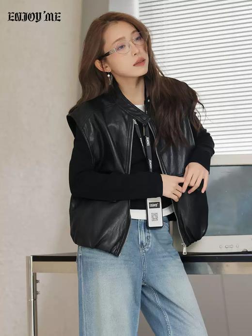 【门店同款】ENJOY春季“柔权主义”小立领PU马夹 169193101 商品图0