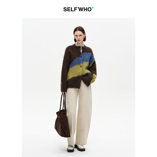 SELFWHO马海毛混纺撞色针织开衫外套女2025冬季新款宽松慵懒毛衣 商品图3