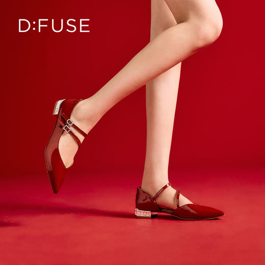 Dfuse迪芙斯2026春季新款尖头双条带钻口亮面漆皮单鞋平跟鞋DFE1114022 商品图5