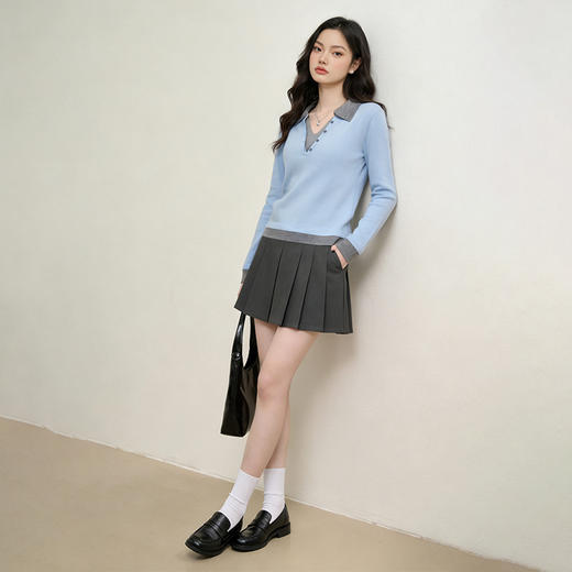 西遇复古修身假两件针织衫女2026年春季新款翻领撞色显瘦长袖毛衣10260068 商品图1