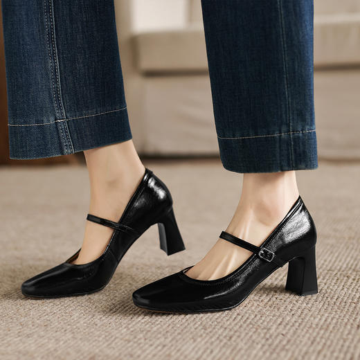 阿么手工女鞋真皮方头粗跟单鞋2026新款法式一字带玛丽珍鞋6.5CM 商品图1