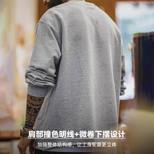 马登工装美式灰色卷边全纯棉卫衣宽松套头印花刺绣长袖T恤男款春 商品图3