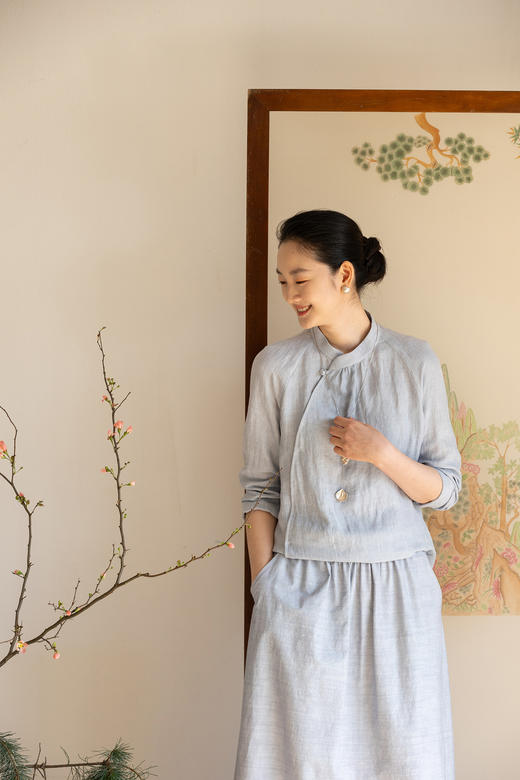 牧衣游原创 汉麻净色衬衫女新款立领斜襟百搭中式衬衣茶服 明月诗 商品图5