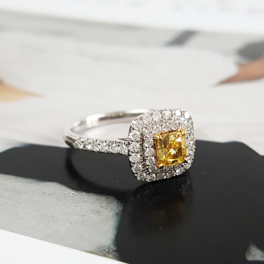 【天然正品】AU750白金方形设计师四爪款0.52克拉浓彩黄色钻石戒指14号（戒圈可改）290126NJS45 商品图5