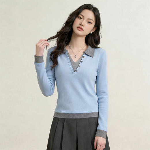 西遇复古修身假两件针织衫女2026年春季新款翻领撞色显瘦长袖毛衣10260068 商品图3