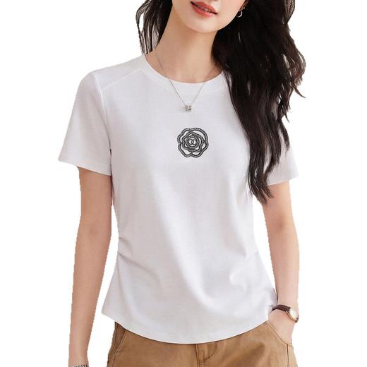 「自」全新升级【铂金会员109/天猫149/差价40】(03540)洛诗琳法式重工烫钻T恤2026春夏新款气质显瘦丝光棉鱼骨线短袖上衣 商品图4