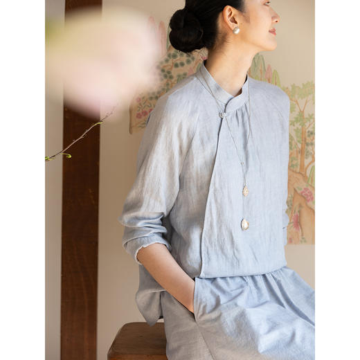 牧衣游原创 汉麻净色衬衫女新款立领斜襟百搭中式衬衣茶服 明月诗 商品图1