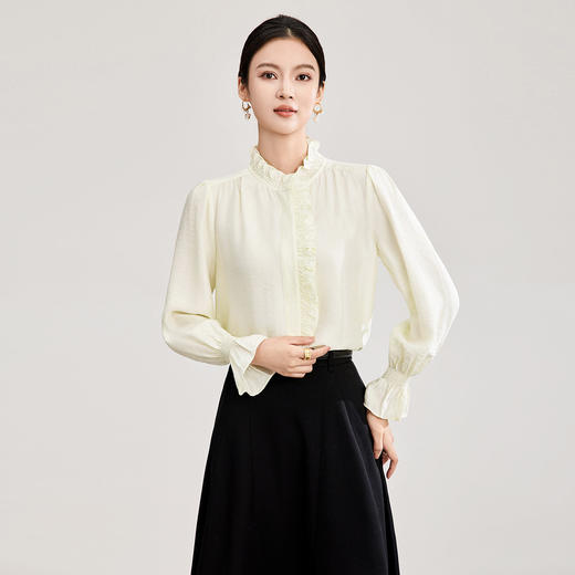 「高货wl」全新升级【铂金会员247/天猫329/差价82】(01839)洛诗琳宫廷风木耳边立领上衣2026春季新款洋气雅致肌理绉感天丝衬衫女 商品图0