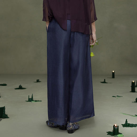 【林栖设计小店】山林抚风|藏青色丝麻绣花宽松百搭2026春新款阔腿裤子1961098 商品图5