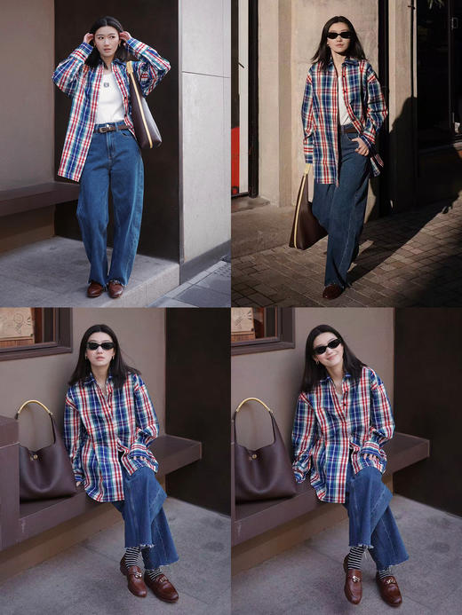 hidemi副线小h 小男孩色织格纹有机棉休闲宽松长袖衬衫外套长裤包方巾四件套 商品图4