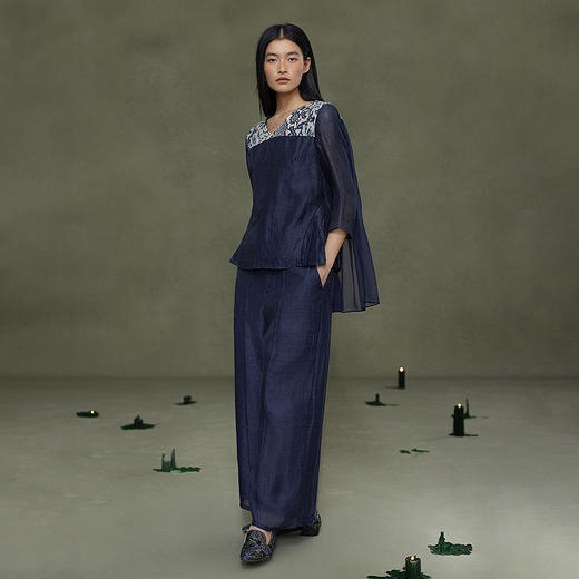 【林栖设计小店】山林抚风|藏青色丝麻绣花宽松百搭2026春新款阔腿裤子1961098 商品图4