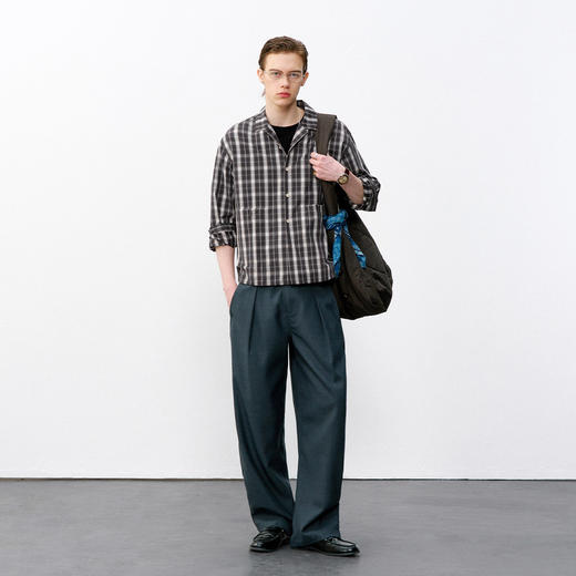 714street复古渐变格子长袖衬衫男2026春季短宽boxy版型纯棉衬衣 商品图2