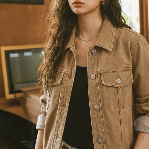 马登美式巴恩风卡其色水洗牛仔短款修身可拆卸毛领夹克外套女秋冬 商品图3