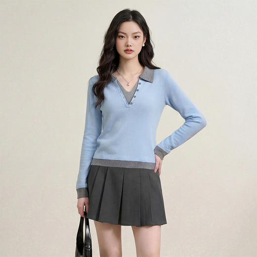 西遇复古修身假两件针织衫女2026年春季新款翻领撞色显瘦长袖毛衣10260068 商品图0