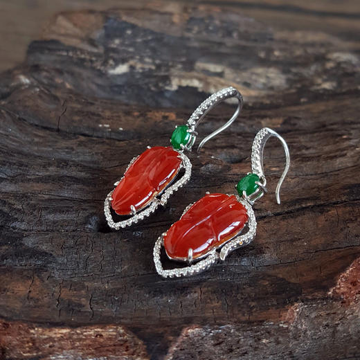 【天然正品】A货翡翠AU750白金豪镶钻镶天然细腻冰种叶子（金枝玉叶）红翡耳坠35.9*12.7*4.6MM（皆取最大值）141125AH23 商品图6