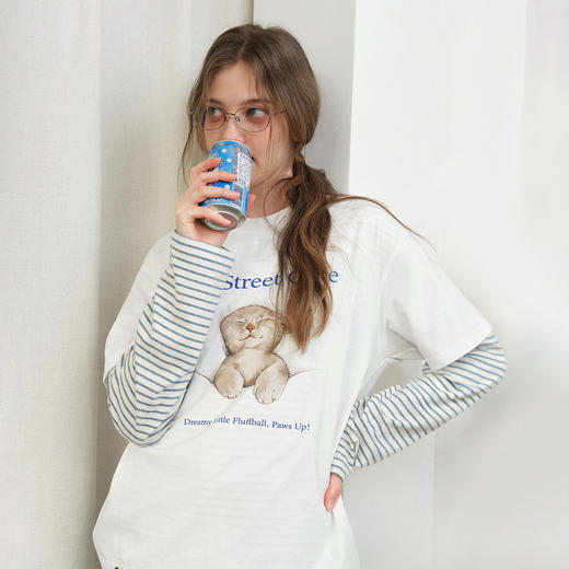 714street可爱小猫印花短纯棉袖2026春夏宽松圆领情侣T恤男女同款 商品图1