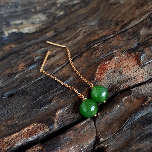 【天然正品】AU750玫瑰金镶钻镶天然菠菜绿和田玉碧玉圆珠耳坠7.5*7.5*50.0MM（皆取最大值）170126NJS77 商品图4