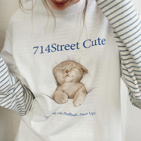 714street可爱小猫印花短纯棉袖2026春夏宽松圆领情侣T恤男女同款
