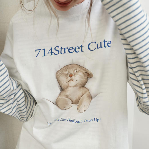 714street可爱小猫印花短纯棉袖2026春夏宽松圆领情侣T恤男女同款 商品图0