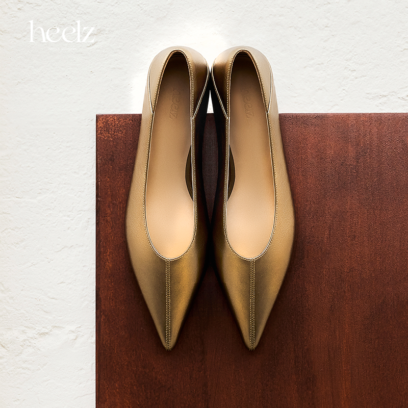 heelz设计师手工鞋履 ｜古铜金羊皮尖头平底奶奶鞋2公分
