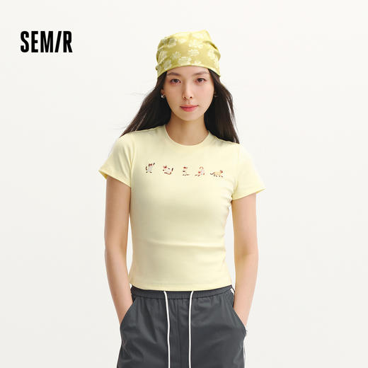 森马短袖T恤女夏季短款紧身正肩小猫印花2026新款趣味休闲套头衫 商品图1