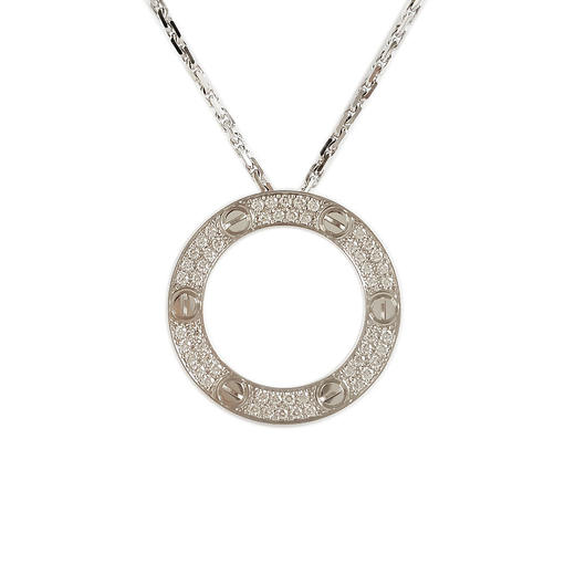 【95新】Cartier卡地亚LOVE系列B7058000 18K白金满钻大圆饼LOVE项链 链长约42cm，外径23.5mm女士280126NJS14 商品图0