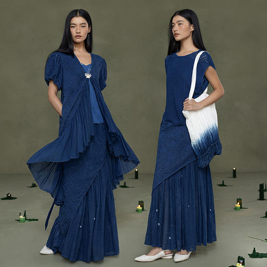 【林栖设计小店】植物染色|手工植物蓝纯棉绣花蜜褶2026春新款鱼尾半身裙1961132 商品图4