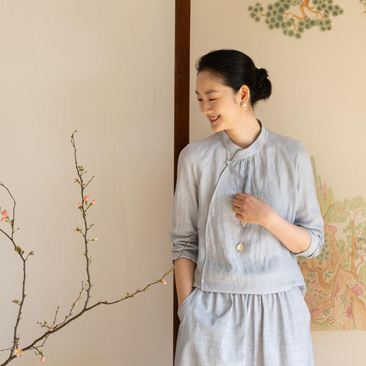 牧衣游原创 汉麻净色衬衫女新款立领斜襟百搭中式衬衣茶服 明月诗 商品图0