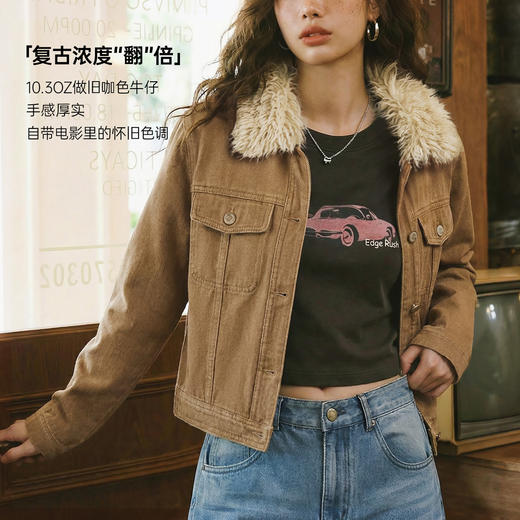 马登美式巴恩风卡其色水洗牛仔短款修身可拆卸毛领夹克外套女秋冬 商品图1