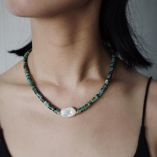 「野光」非洲松石巴洛克珍珠项链 | 总长约45cm 不被驯服的青蓝 to me 天然石饰品 商品图0