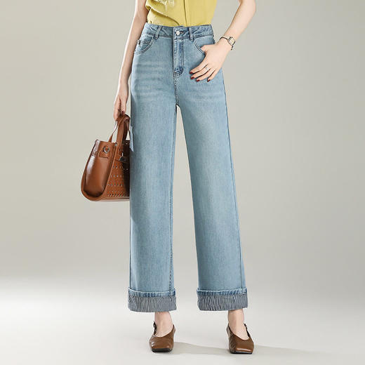 「自」全新升级【铂金会员174/天猫229/差价55】(14541)洛诗琳气质翻边牛仔裤2026春夏新款小个子窄版直筒九分阔腿裤 商品图1