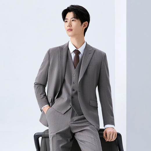 【色纺花纱三色条】柒牌男装2026春季戗驳领西服西装套装三件套130C70050 商品图1