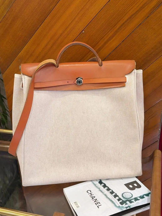 爱马仕 Herbag 39 帆布拼皮 米色 银扣 斜挎包 商品图0